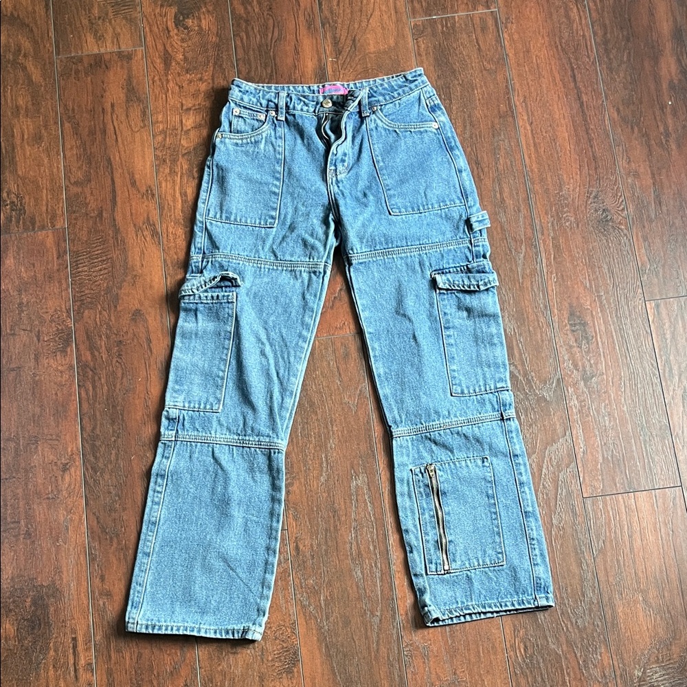 Edikted Blue Denim Cargo Pants with Utility Pockets